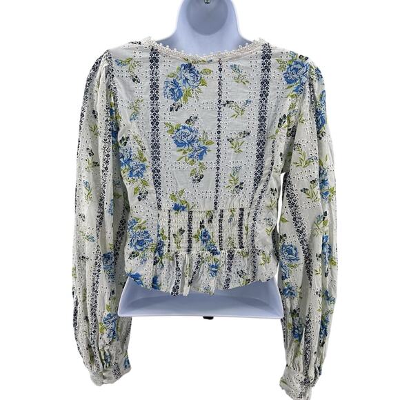 Free People Top White Womens XS Boho Floral Eyelet Cropped V-Neck Long Sleeve - Picture 4 of 8